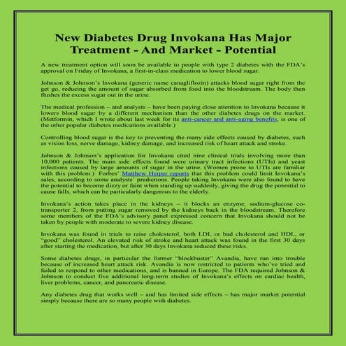 New diabetes drug invokana has major treatment