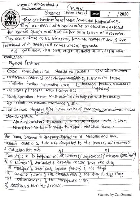 Pharmacognosy notes: Bhasmas, asavas, arsithas, churna and other ayurvedic dosage forms, standardization and evaluation of herbal material, herbal products and Ayurvedic formulations 