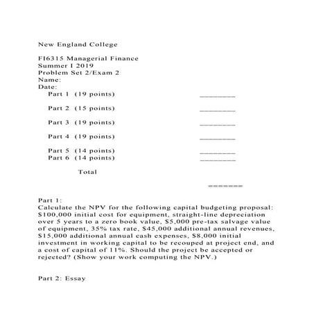 New England CollegeFI6315 Managerial FinanceSummer I 2019P.docx