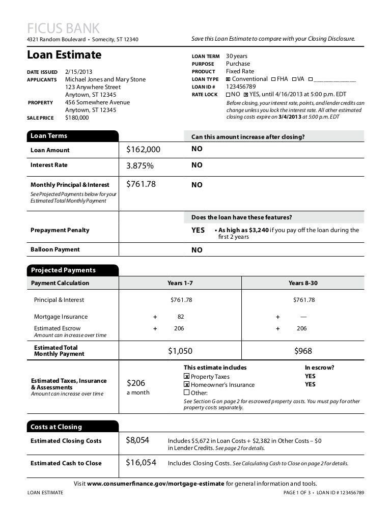 Sample Loan Estimate Form