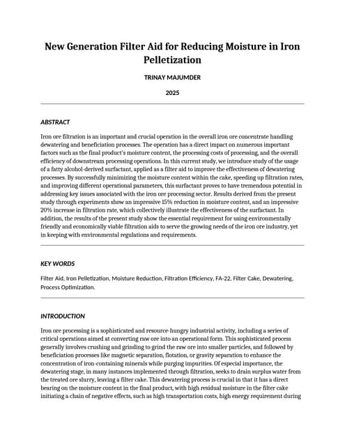 New Generation Filter Aid for Reducing Moisture in Iron Pelletization
