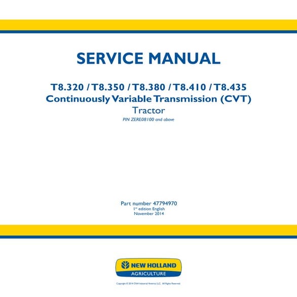 New holland t8.380 continuously variable transmission (cvt) tractor service repair manual