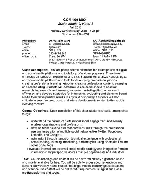NewhouseSU COM 400 Social Media U Need 2 Know #NewhouseSM4 - Fall 2012 syllabus