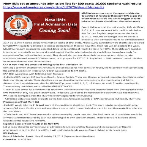 New ii ms set to announce admission lists for 800 seats