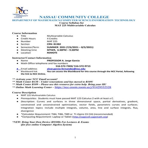NEW MAT225 Syllabus Summer 2021