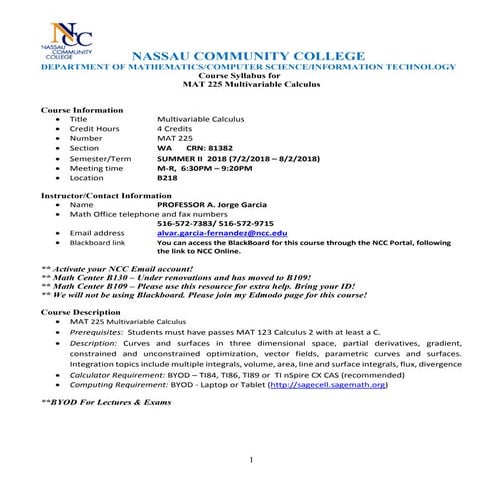 SYLLABUS: MAT225 MULTIVARIABEL CALCULUS WITH HARVARD TEXT 6th EDITION 