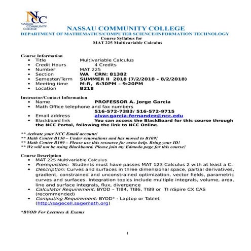 NEW MAT225 Multivariable Calculus Syllabus NCC SII 2018
