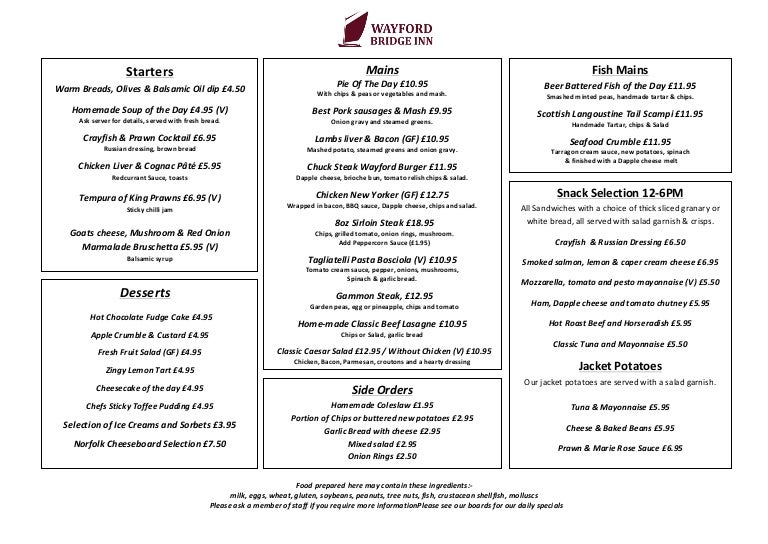 Wayford Bridge Inn Menu Feb 2016