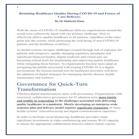 Retaining Healthcare Quality During COVID-19 and Future of Care Delivery. By....