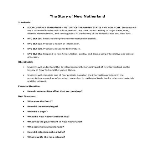 New Netherland Lesson Plan - L.D'Orazio