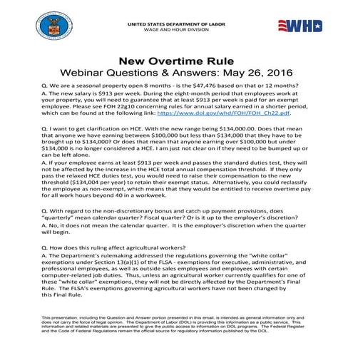 Great Questions and Answers from DOL's Overtime Exemption Webinar 5/26/2016