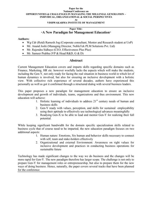 New Paradigm For Management Education Paper For National Conference At Vim V2.0