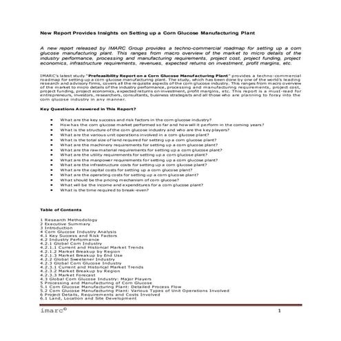 New report provides insights on setting up a corn glucose manufacturing plant