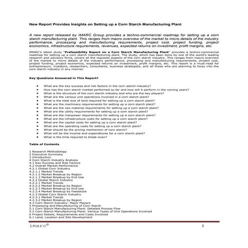 New report provides insights on setting up a corn starch manufacturing plant