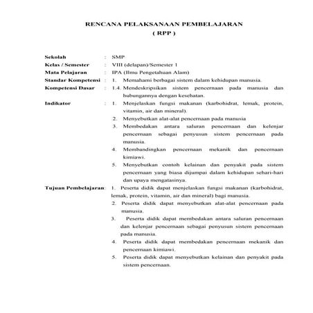 RPP Sistem Pencernaan Makanan | DOC