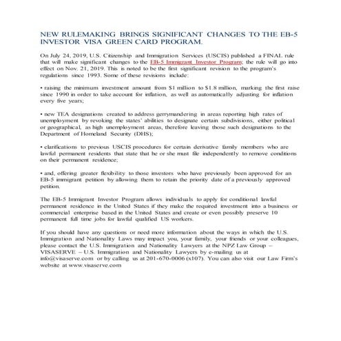 NEW RULEMAKING BRINGS SIGNIFICANT CHANGES TO THE EB-5 INVESTOR VISA GREEN CAR...