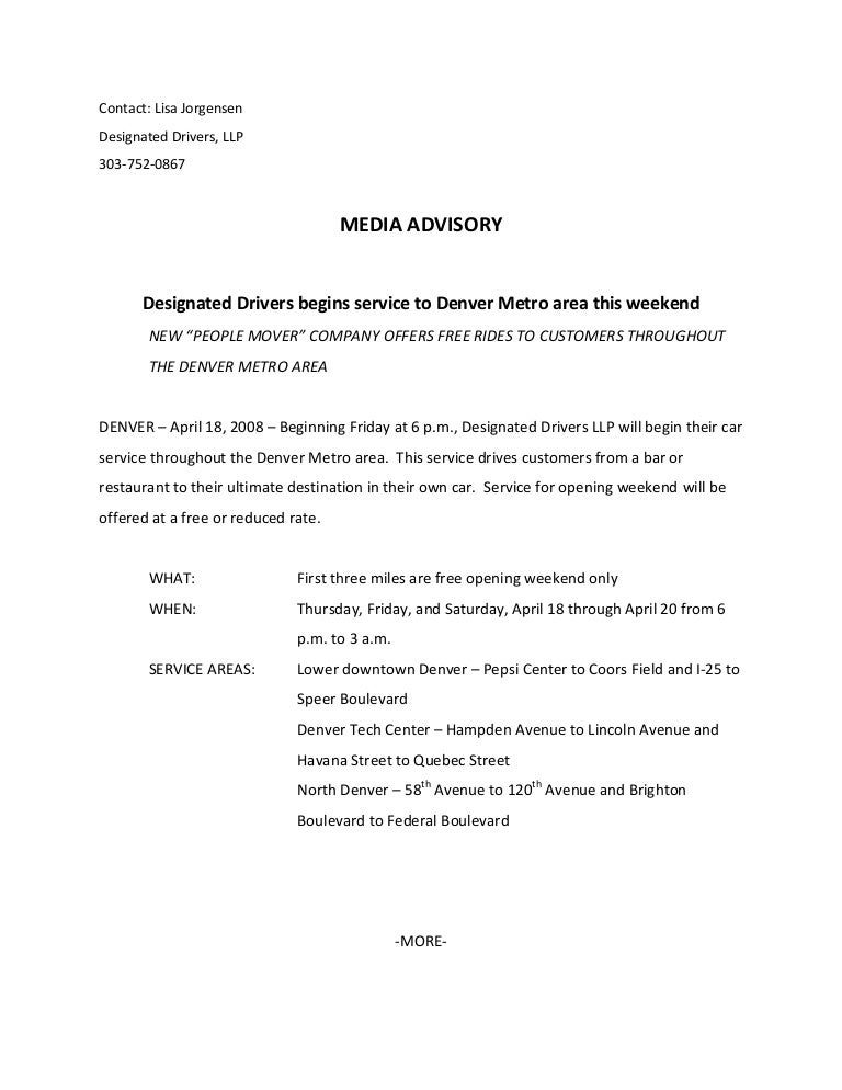 News Advisory Example - Designated Drivers