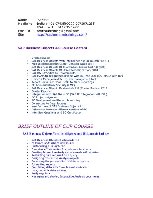 New sap bo 4.0 course content