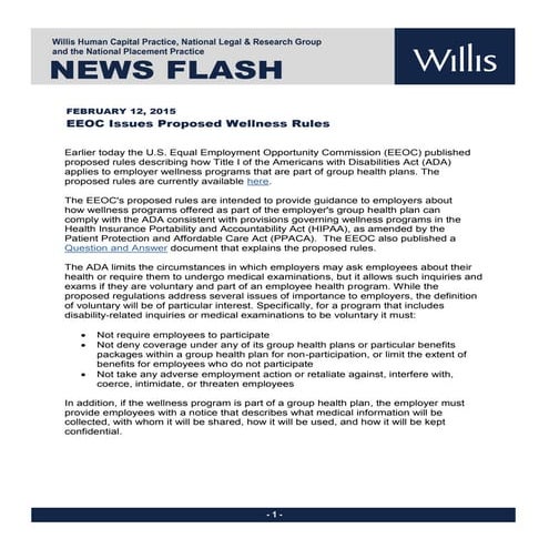 News Flash  April 16 2015 - EEOC Issues Proposed Wellness Rules