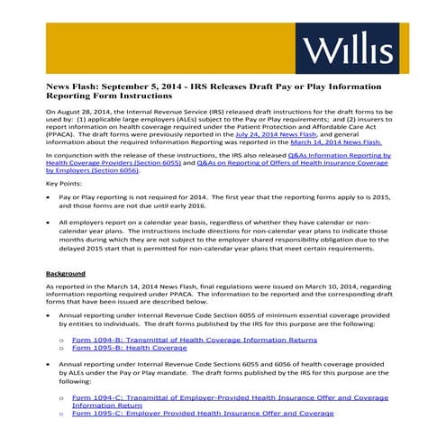 News Flash September 5 2014 - IRS Releases Draft Pay or Play ...