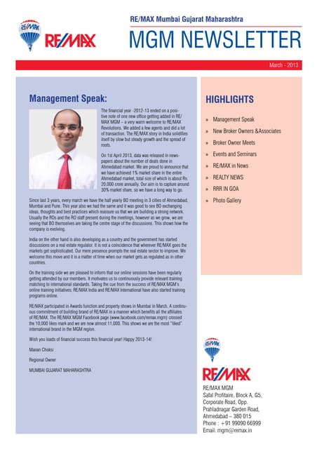 RE/MAX Mumbai Gujarat Maharashtra Newsletter March-2013