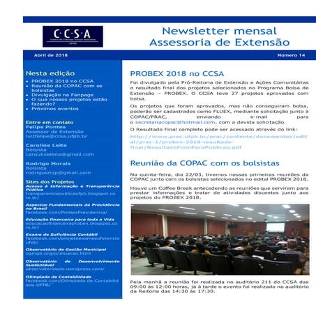 Newsletter Abril 2018 - Assessoria de Extensão do CCSA