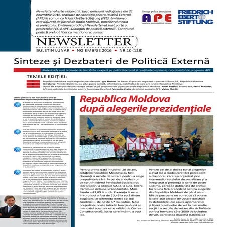 R.Moldova după alegerile prezidențiale. Sinteze și Dezbateri de Politică Externă, Nr.10, 2016