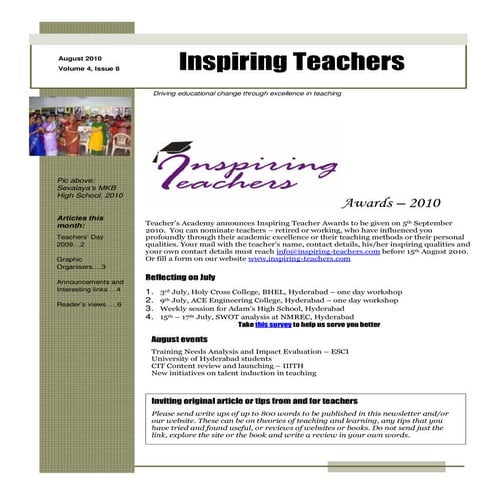 Inspiring Teachers Newsletter August 2010