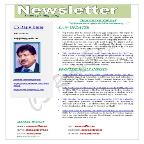 Newsletter dated 14th July, 2015	