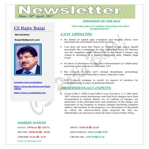 Newsletter dated 10th april 2017