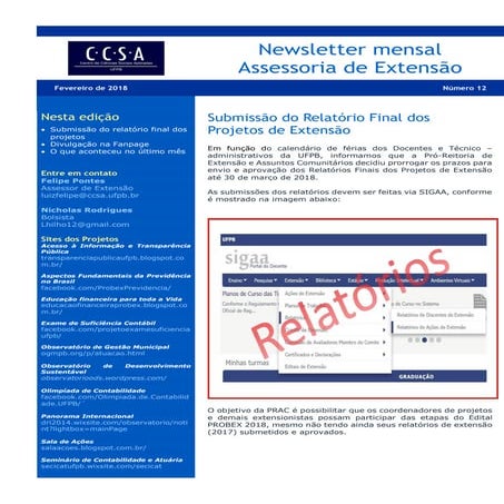 Newsletter - Fevereiro/2018 - Assessoria de Extensão do CCSA/UFPB