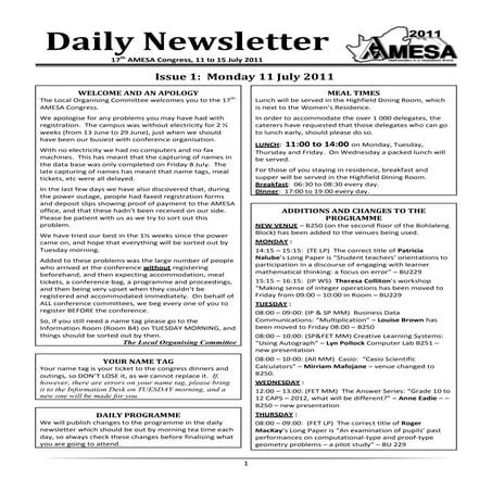 Newsletter monday 11 july 2011
