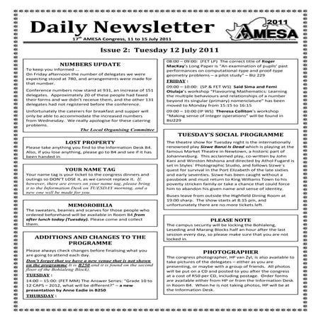 Newsletter tuesday 12 july 2011