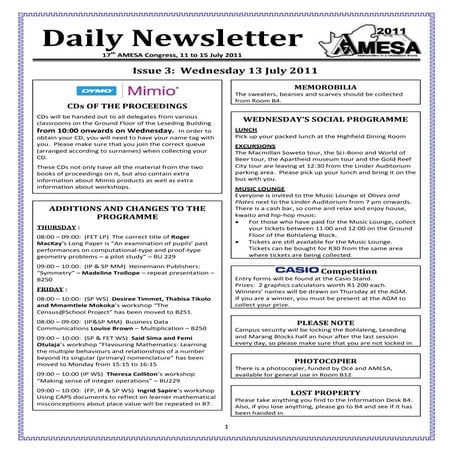 Newsletter wednesday 13 july 2011