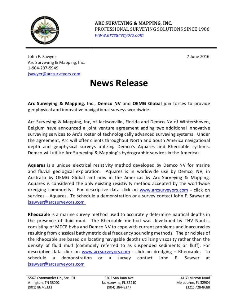 Arc Surveying Mapping Inc News Release - 