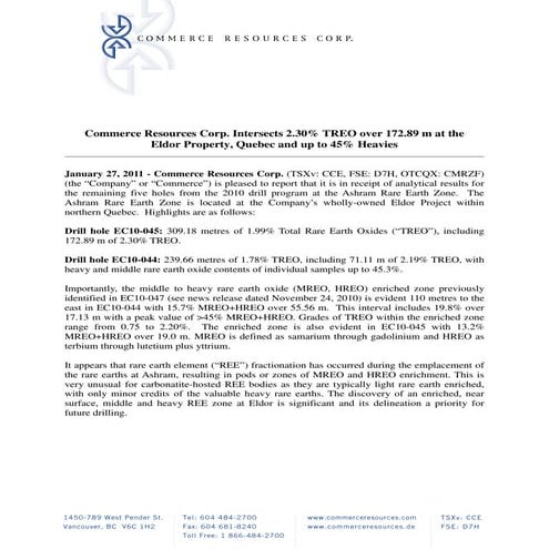News Release: Commerce Resources Corp. (TSXv: CCE) Intersects 2.30% TREO over...