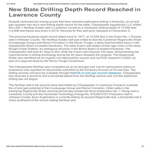 New State Drilling Depth Record Reached in Lawrence County, Kentucky ...