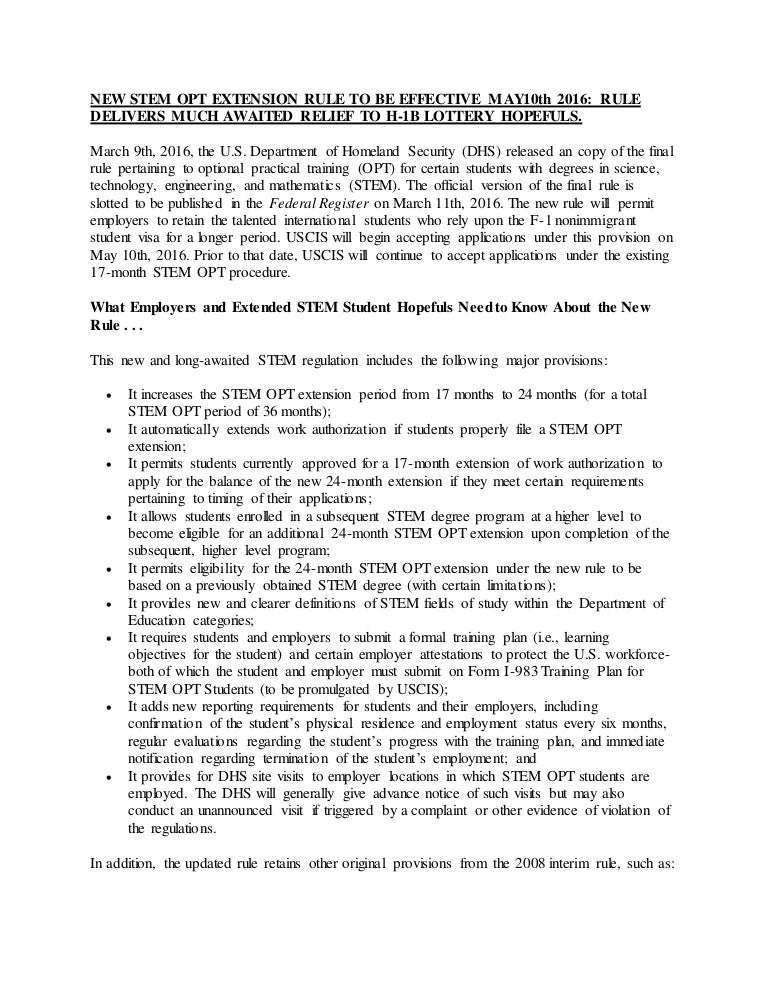 NEW STEM OPT EXTENSION RULE TO BE EFFECTIVE MAY10th 2016 RULE DELIV…