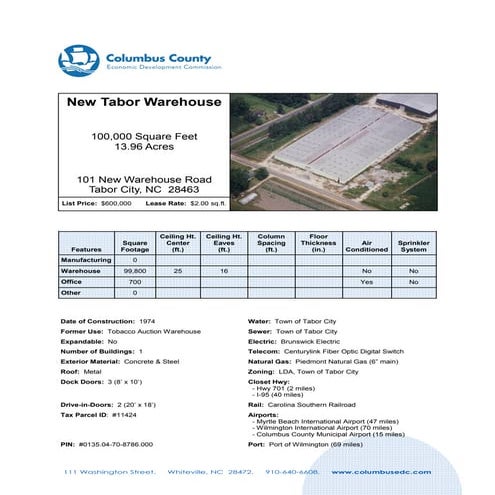 New Tabor Warehouse For Sale Or Lease