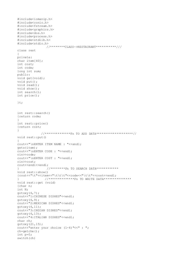 c project on restaurant billing