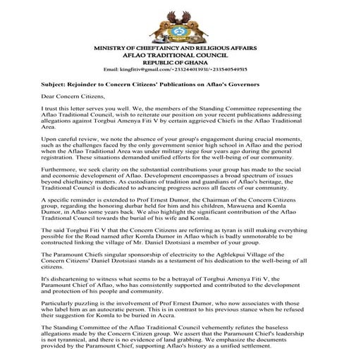 Aflao Traditional Council Reacts to Group’s Allegations Against Torgbi Fiti