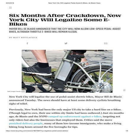 New york city will legalize pedal assist e-bikes de blasio says