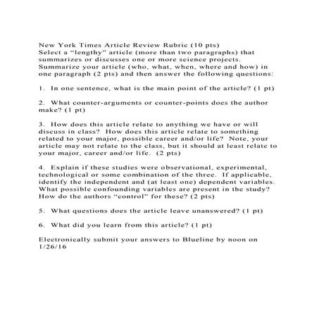 New York Times Article Review Rubric (10 pts)Select a lengthy” .docx