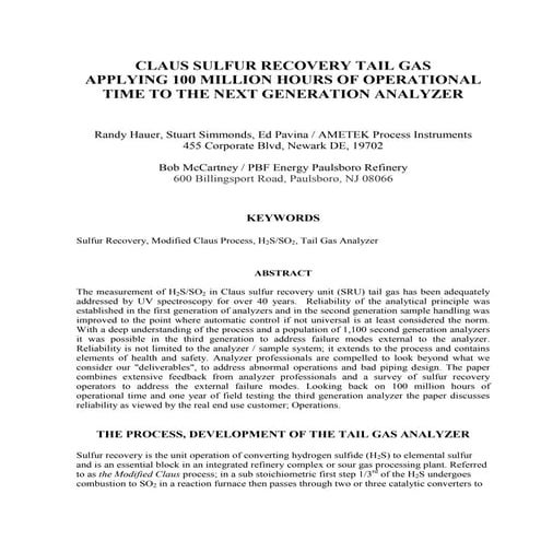 Claus Sulfur Recovery Tail Gas Applying 100 Million Hours of Operational Time...