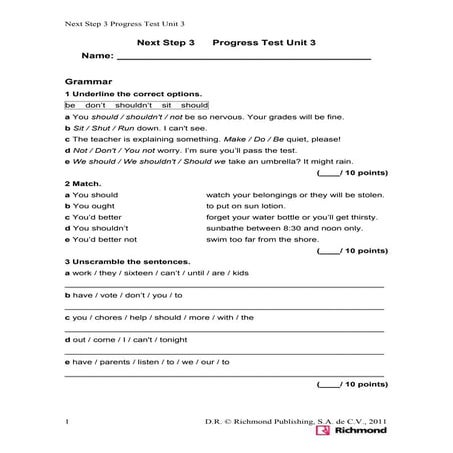 Next Step 3 Progress Test Unit 3: Grammar, Vocabulary, Reading, and ...