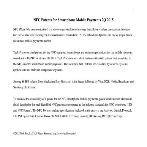 NFC Patents for Smartphone Mobile Payments 2Q 2015