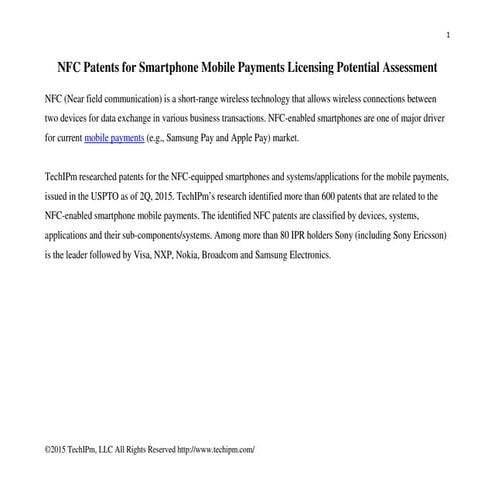 NFC Patents for Smartphone Mobile Payments Licensing Potential Assessment