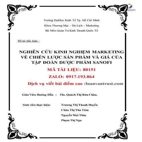 Nghiên cứu kinh nghiệm marketing về chiến lược sản phẩm và giá của tập đoàn dược phẩm Sanofi