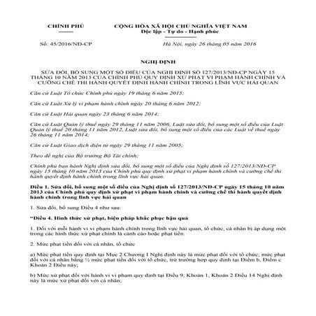 Nghị định 45/2016/NĐ-CP sửa đổi NĐ 127 quy định xử phạt vi phạm hành chính và...