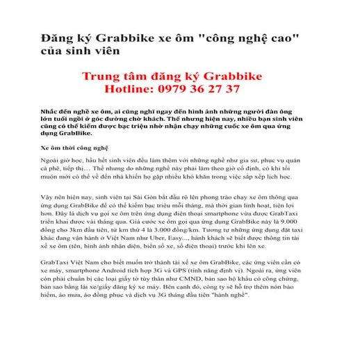 Trung tâm đăng ký Grabbike Hà nội dành cho sinh viên